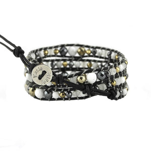 Hematite and Turquoise Graduated Wrap Bracelet on Black Leather