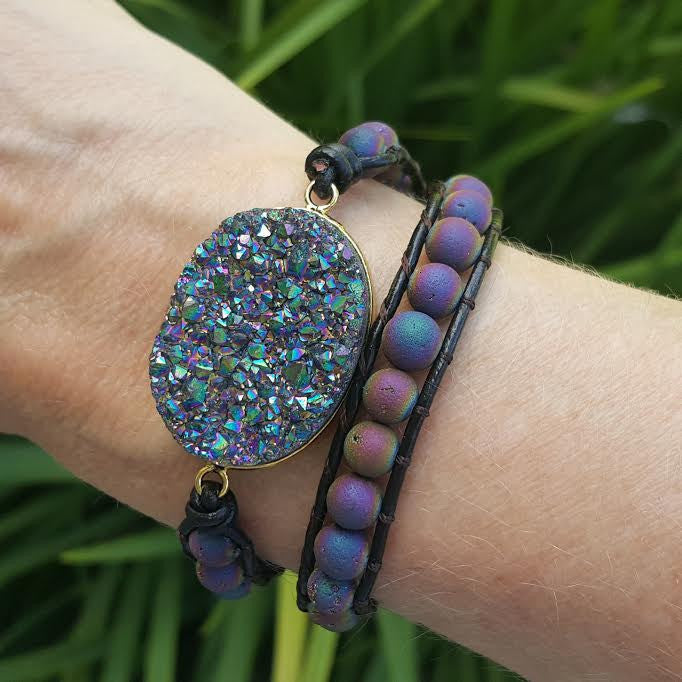 Rainbow Druzy and Rainbow Druzy Beads Double Wrap Bracelet on Dark Brown Leather