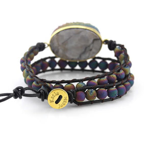 Rainbow Druzy and Rainbow Druzy Beads Double Wrap Bracelet on Dark Brown Leather