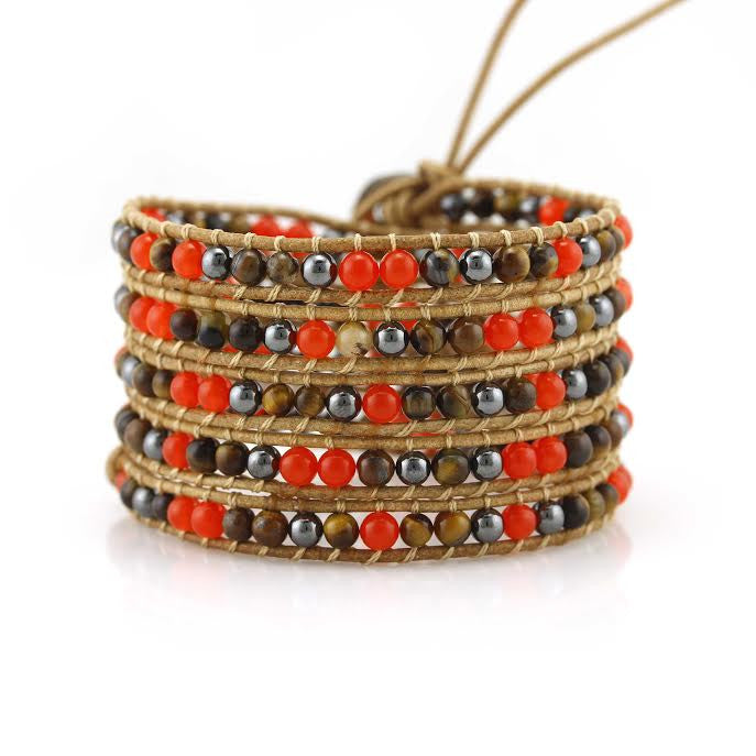 Red Coral, Tiger's Eye and Hematite on Natural Leather Wrap Bracelet