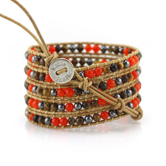 Red Coral, Tiger's Eye and Hematite on Natural Leather Wrap Bracelet