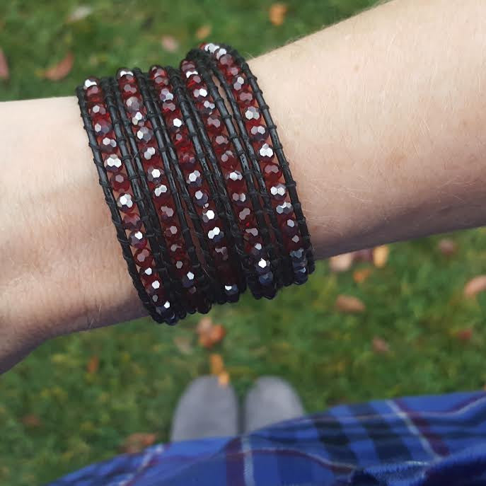 Red Crystals on Black Leather Wrap Bracelet