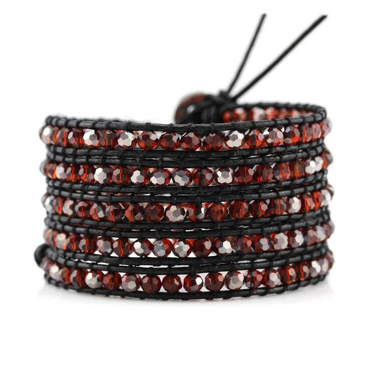 Red Crystals on Black Leather Wrap Bracelet