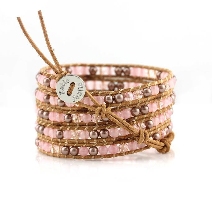 Rose Gold Pearl and Rose Quartz on Natural Leather Wrap Bracelet