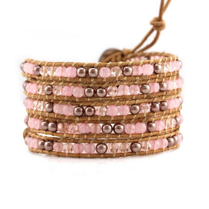 Rose Gold Pearl and Rose Quartz on Natural Leather Wrap Bracelet