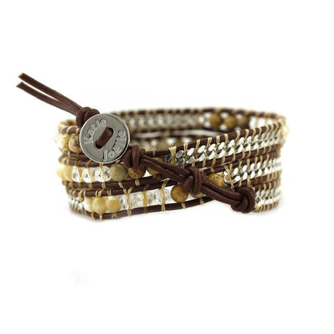 Shell, Crystal, and Stone with Silver Chain on Brown Leather Wrap Bracelet