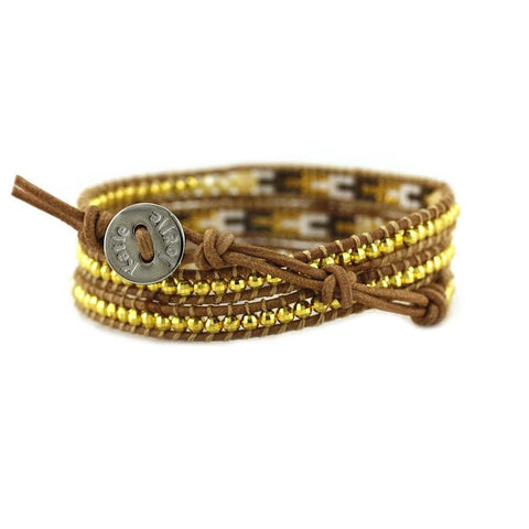 Image of Shell and Gold with Miyuki Glass Seed Beads on Natural Leather Wrap Bracelet