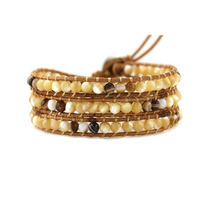 Shell and Brown Agate on Natural Leather Wrap Bracelet