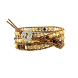 Shell and Brown Agate on Natural Leather Wrap Bracelet