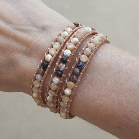 Image of Shell and Brown Agate on Natural Leather Wrap Bracelet