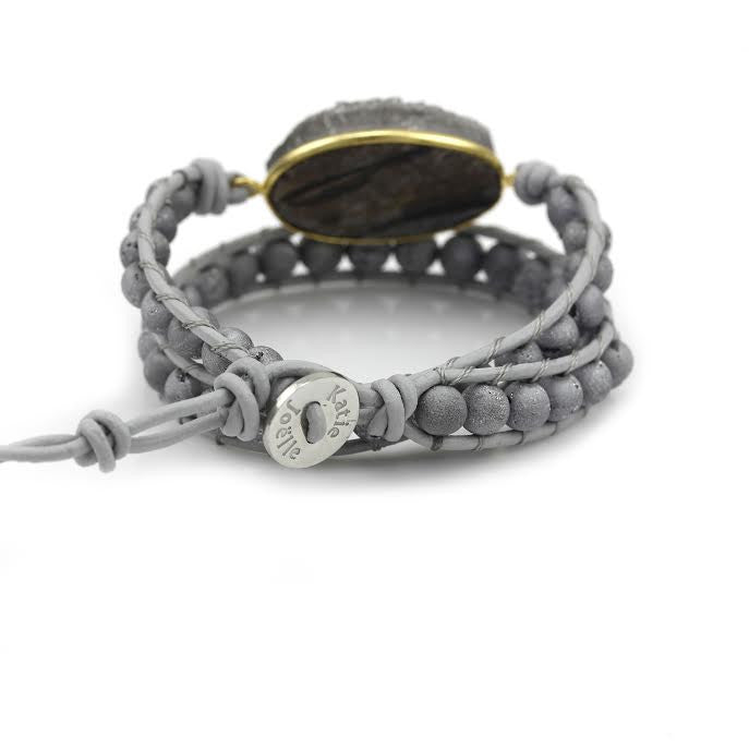 Silver Druzy and Silver Druzy Beads Double Wrap Bracelet on Grey Leather