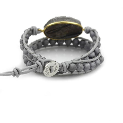 Image of Silver Druzy and Silver Druzy Beads Double Wrap Bracelet on Grey Leather