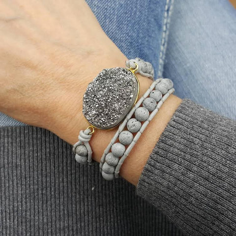 Image of Silver Druzy and Silver Druzy Beads Double Wrap Bracelet on Grey Leather