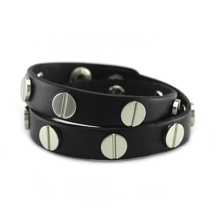 Silver Studded Black Leather Double Wrap Bracelet