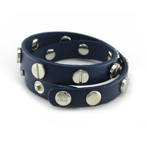Silver Studded Navy Blue Leather Double Wrap Bracelet