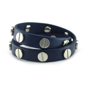 Silver Studded Navy Blue Leather Double Wrap Bracelet