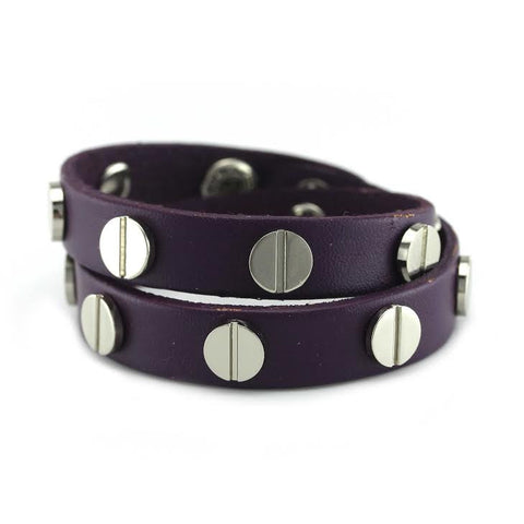 Image of Silver Studded Purple Leather Double Wrap Bracelet