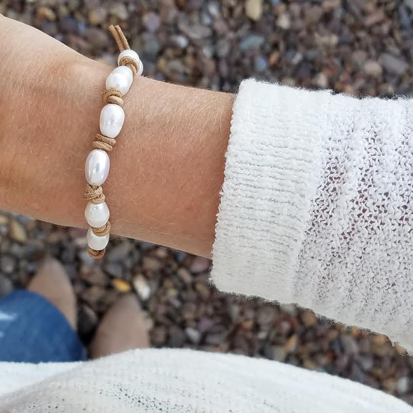 Freshwater Pearls on Natural Single Leather Wrap Bracelet