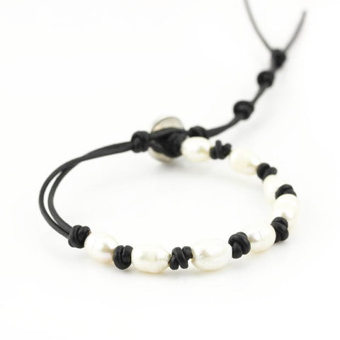 Freshwater Pearls on Black Single Leather Wrap Bracelet