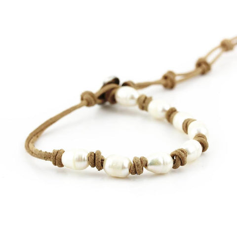 Image of Freshwater Pearls on Natural Single Leather Wrap Bracelet