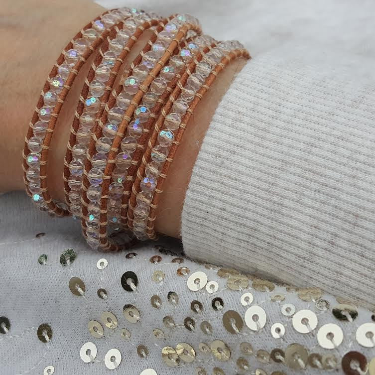 Clear Crystals on Natural Leather Wrap Bracelet