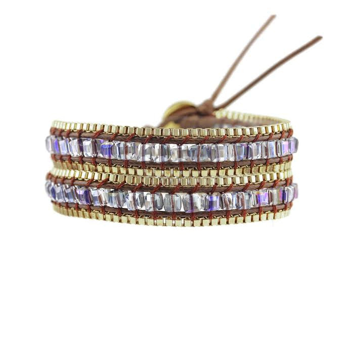 Square Cut AB Glass Crystal with Gold Chain on Brown Vegan Cord Wrap Bracelet