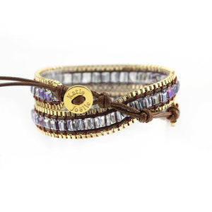 Square Cut AB Glass Crystal with Gold Chain on Brown Vegan Cord Wrap Bracelet