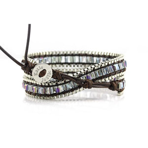 Square Cut AB Glass Crystal with Silver Chain on Dark Brown Vegan Cord Wrap Bracelet