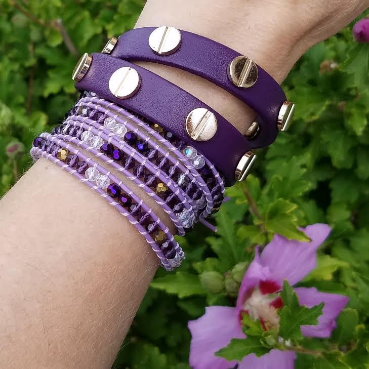 Purple Mixed Crystals on Purple Leather Wrap Bracelet