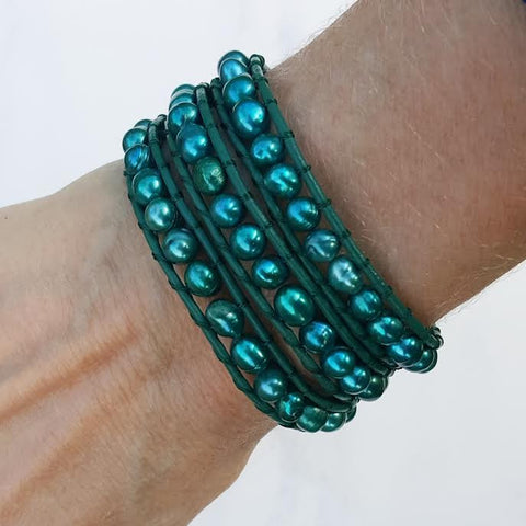 Image of Teal Green Freshwater Pearls on Green Leather Wrap Bracelet