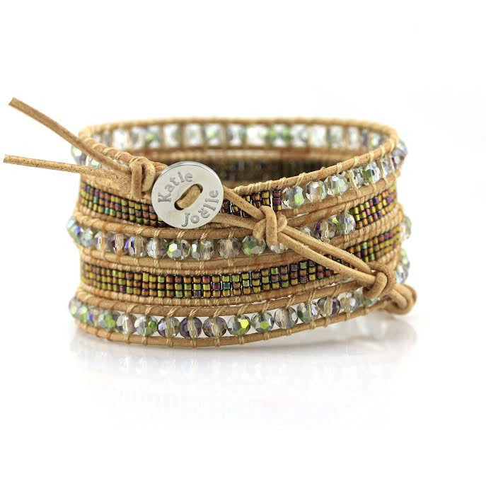 Transparent Green Crystals with Miyuki Glass Seed Beads on Natural Leather Wrap Bracelet