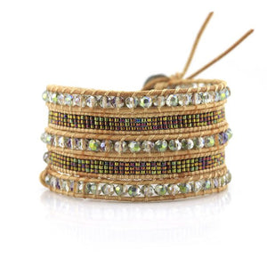 Transparent Green Crystals with Miyuki Glass Seed Beads on Natural Leather Wrap Bracelet