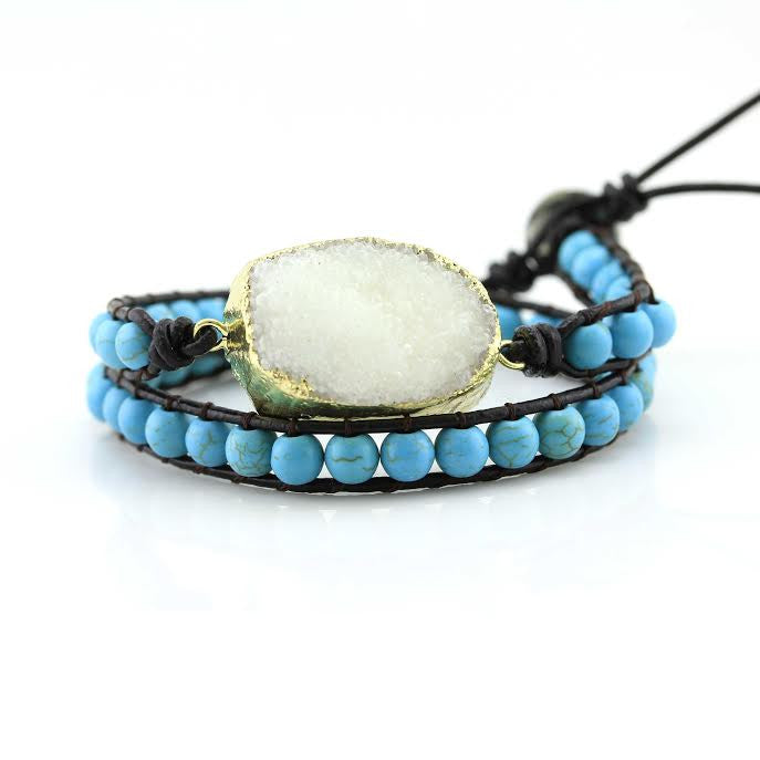 White Druzy and Turquoise Beads Double Wrap Bracelet on Dark Brown Leather