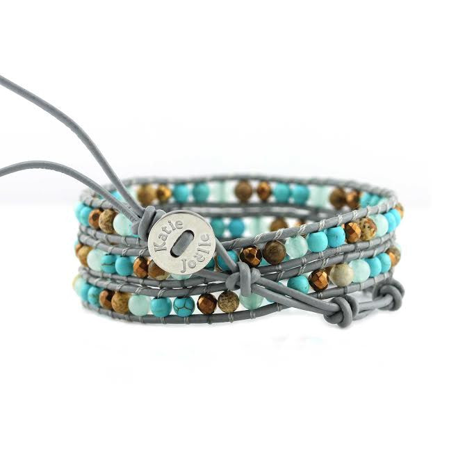 Turquoise, Amazonite, Jasper and Bronze on Grey Leather Wrap Bracelet