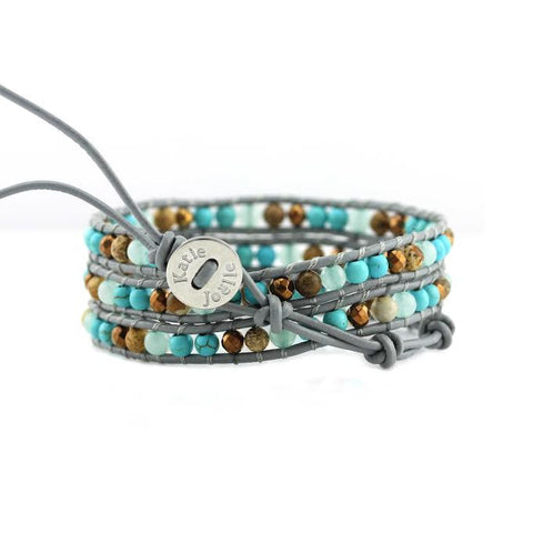 Image of Turquoise, Amazonite, Jasper and Bronze on Grey Leather Wrap Bracelet