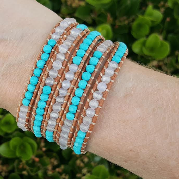 Turquoise and White Agate Five Wrap on Natural Leather