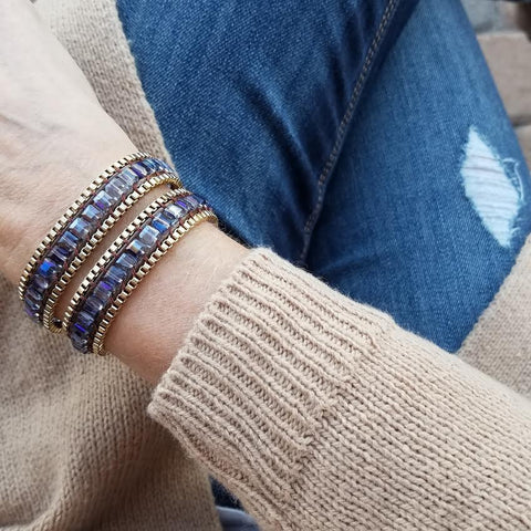 Image of Square Cut AB Glass Crystal with Gold Chain on Brown Vegan Cord Wrap Bracelet