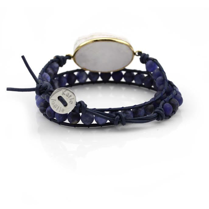 White Druzy and Frosted Sodalite Double Wrap Bracelet on Navy Blue Leather
