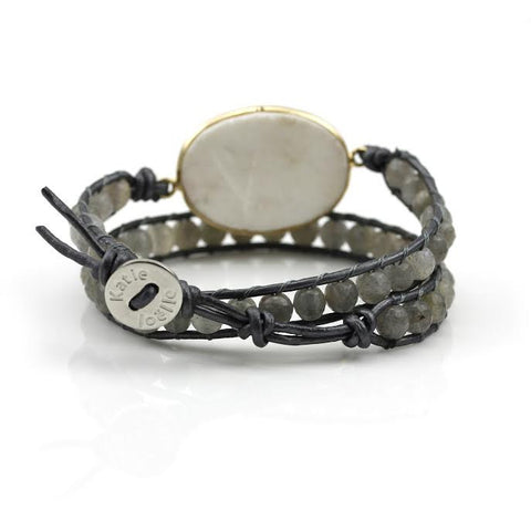 White Druzy and Labradorite Double Wrap Bracelet on Metallic Grey Leather