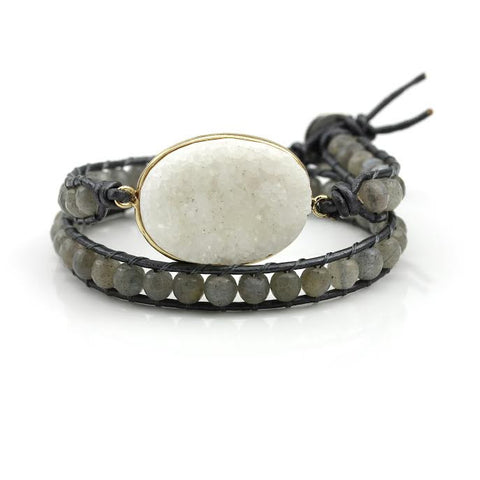 Image of White Druzy and Labradorite Double Wrap Bracelet on Metallic Grey Leather