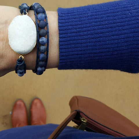 Image of White Druzy and Frosted Sodalite Double Wrap Bracelet on Navy Blue Leather