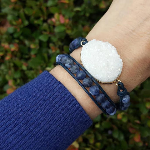 Image of White Druzy and Frosted Sodalite Double Wrap Bracelet on Navy Blue Leather