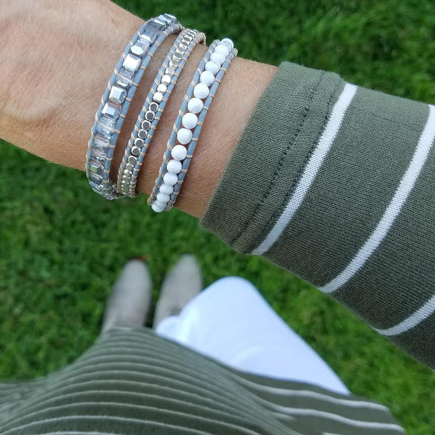 White Howlite, Silver Nuggets, and Square Cut Glass Crystals on Grey Leather Wrap Bracelet