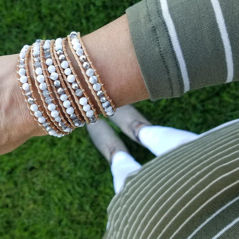 White Howlite and Crystals on Natural Leather Wrap Bracelet