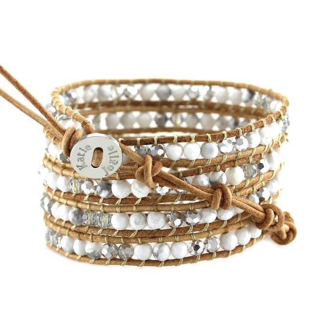 White Howlite and Crystals on Natural Leather Wrap Bracelet