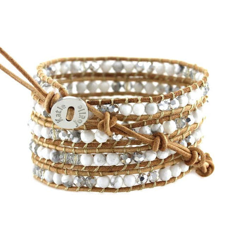 Image of White Howlite and Crystals on Natural Leather Wrap Bracelet