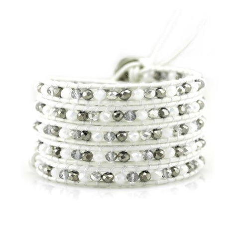 Image of White and Silver Mix Crystals on White Leather Wrap Bracelet