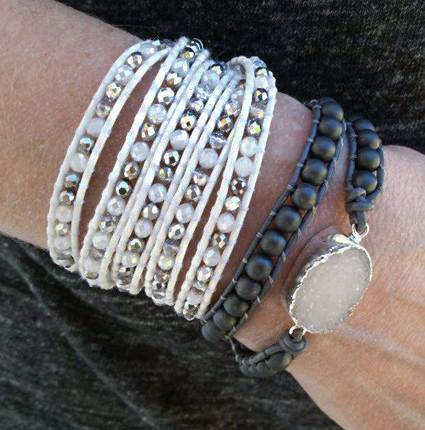 White and Silver Mix Crystals on White Leather Wrap Bracelet