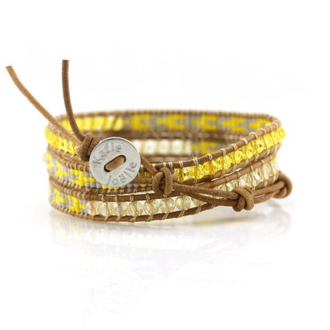 Image of Yellow and Blue Crystals with Miyuki Glass Seed Beads on Natural Leather Wrap Bracelet