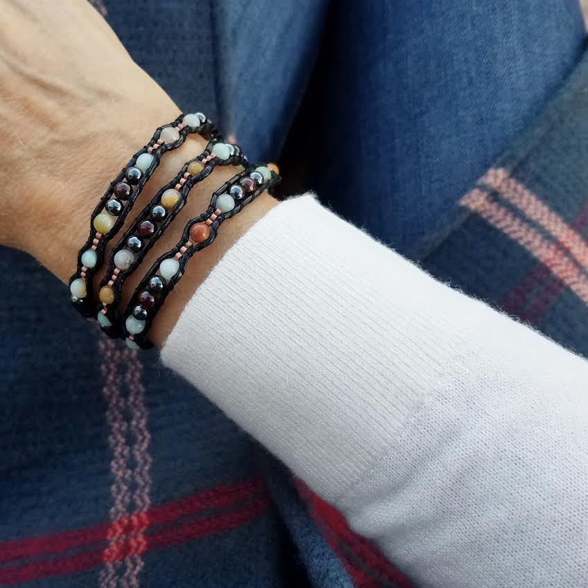 Amazonite Scalloped Wrap Bracelet on Black Leather